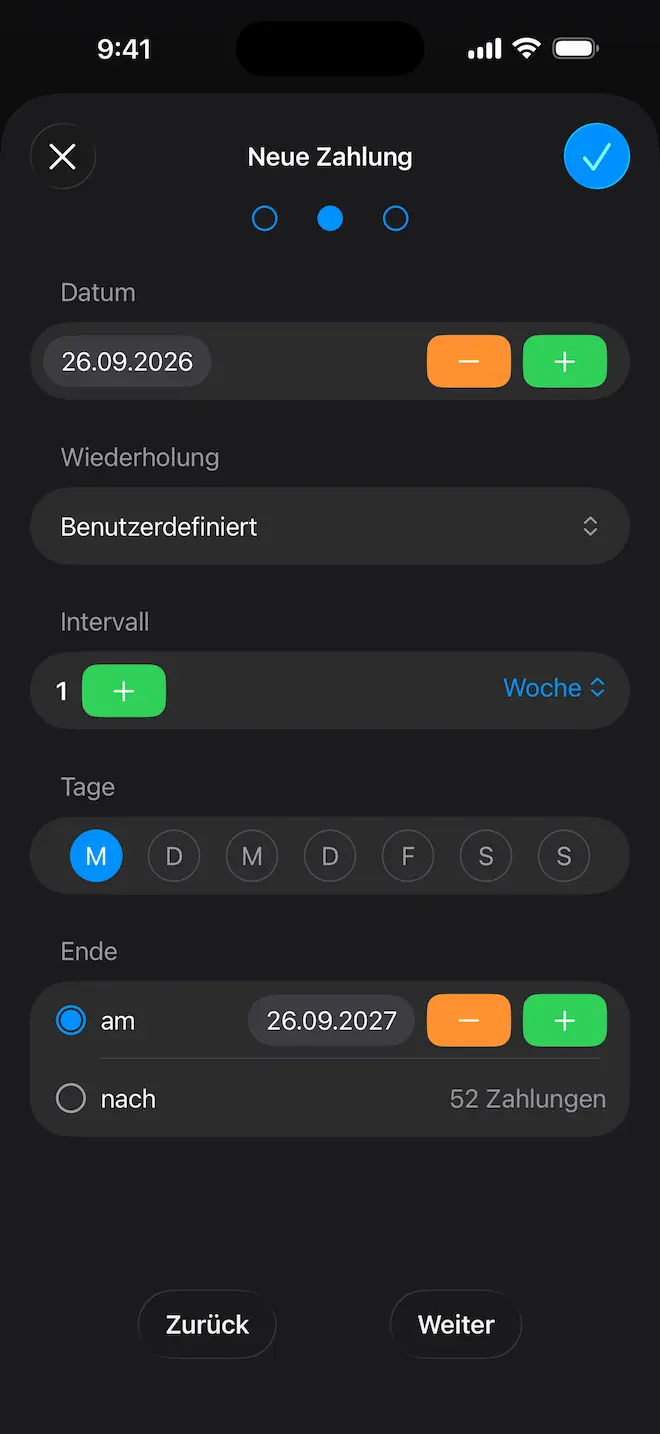 Neue wiederkehrende Zahlung zu Vorhaben in BudgetBear hinzufügen