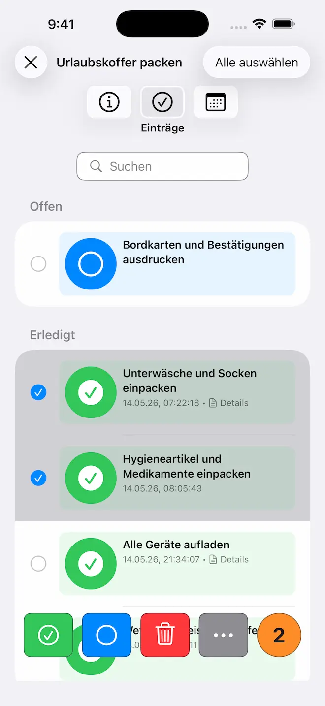 Checkomat-Einträge im Mehrfachauswahl-Modus