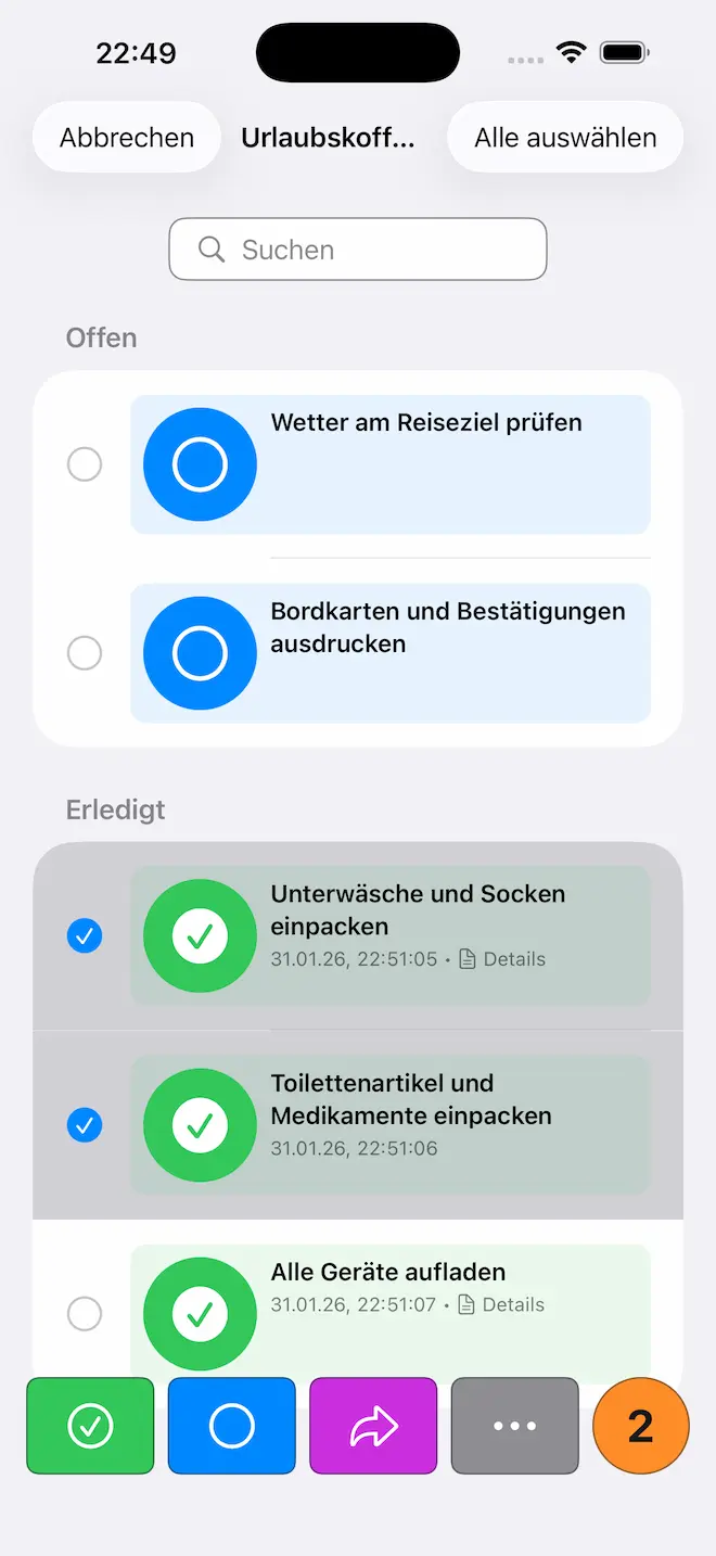 Checkomat Checklisten-Einträge in Mehrfachauswahlmodus