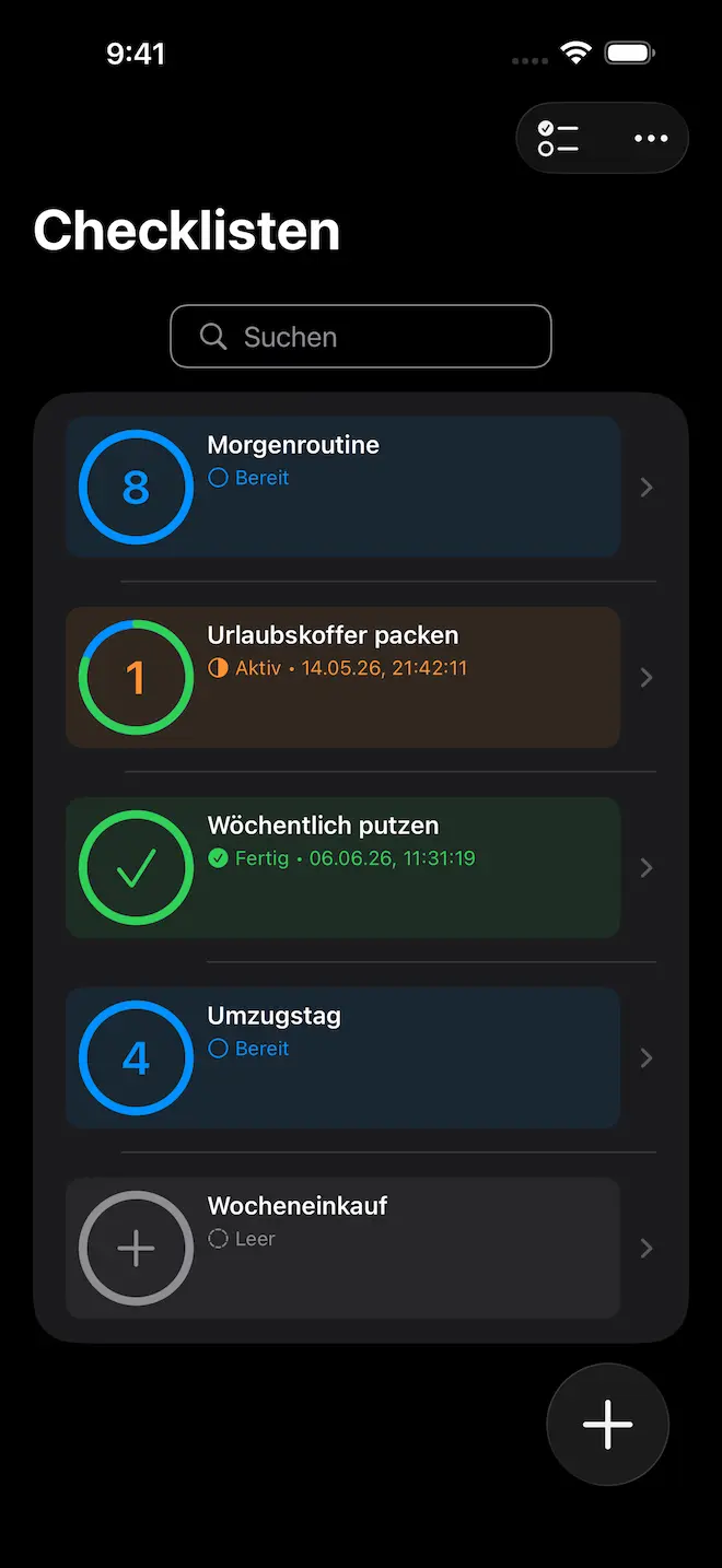Checkomat-Checklisten im Dark Mode