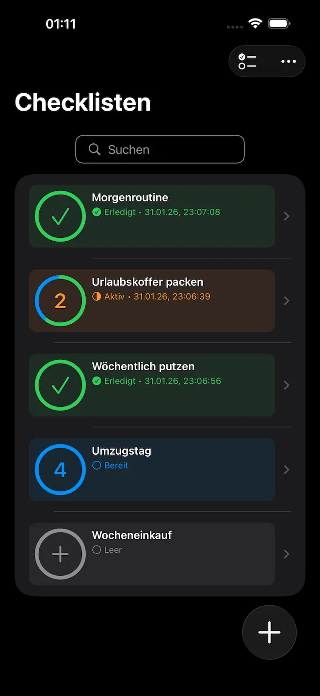Checkomat Checklisten im Dark Mode