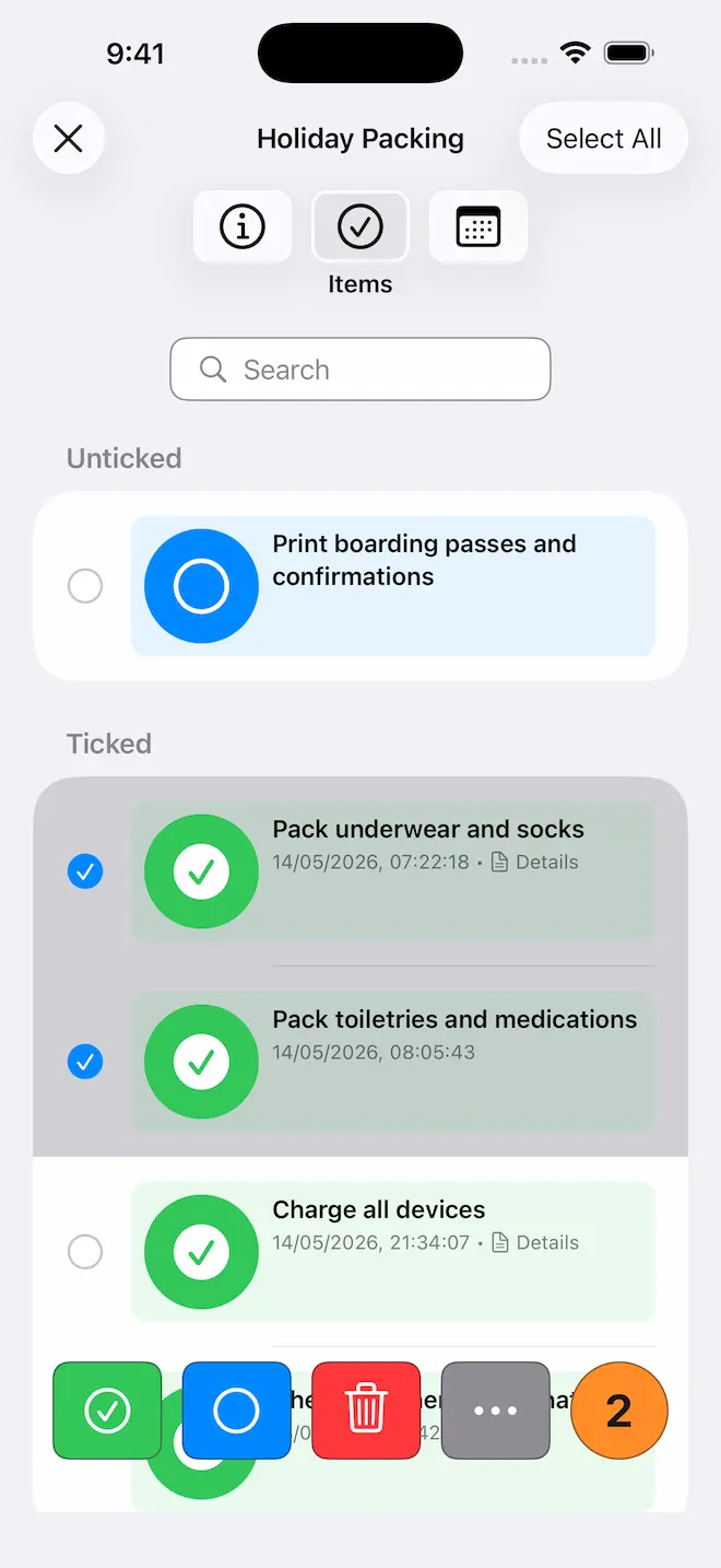 Checkomat Checklist Items in Multi-Select Mode