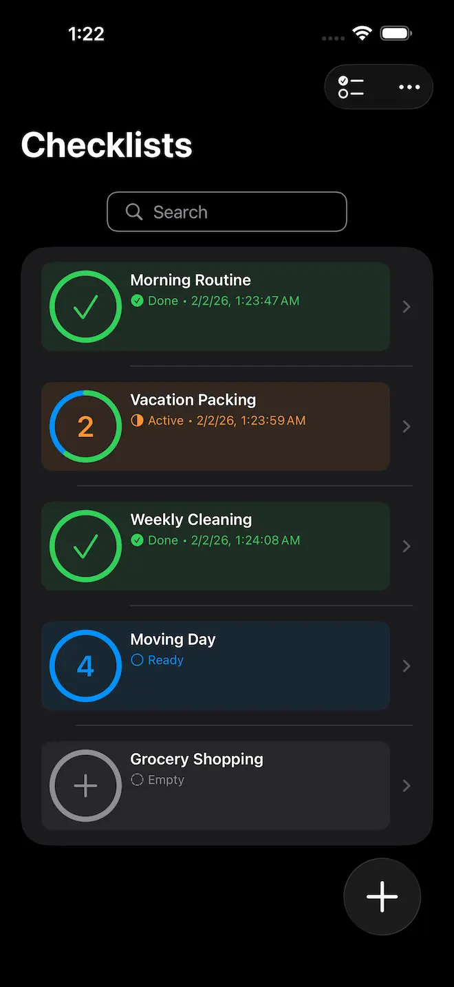 Checkomat Ungrouped Checklists in Dark Mode