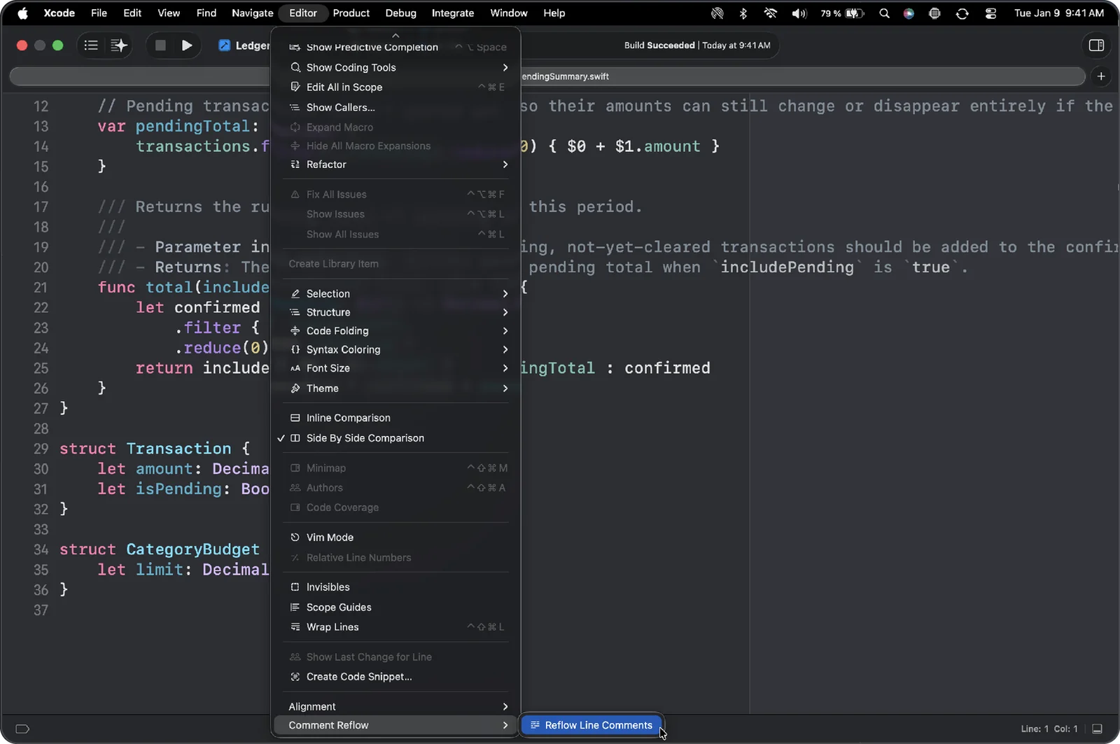 Xcode Editor menu showing the Comment Reflow submenu with the Reflow Line Comments command