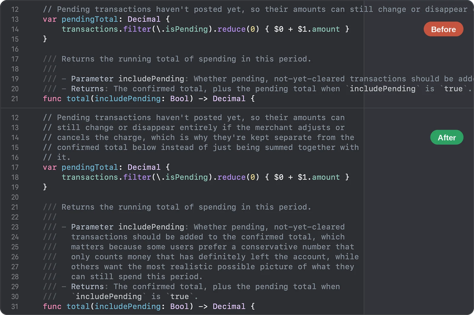 Xcode editor showing long // and /// DocC comments before and after reflowing with Comment Reflow