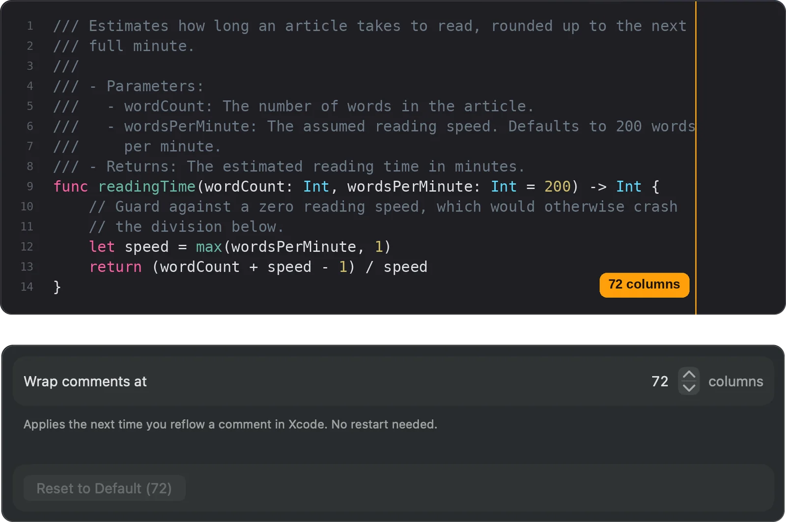 Comment Reflow settings showing a 72-column wrap setting and a code preview with a column guide