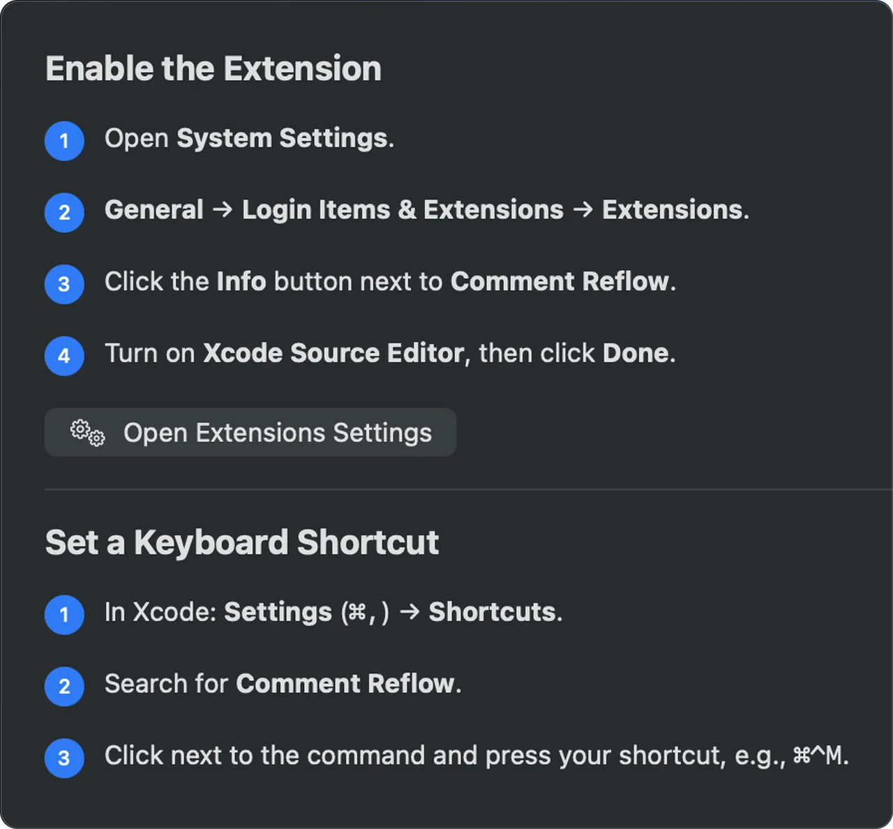 Comment Reflow setup instructions for enabling the extension and assigning a keyboard shortcut