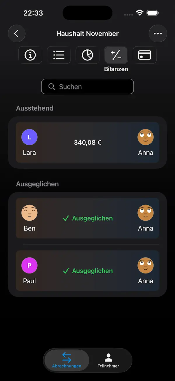 FairTeilen Abrechnungssalden Ansicht