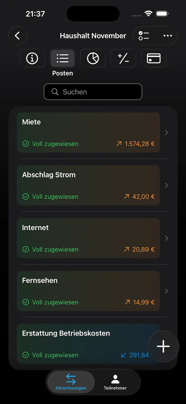 FairTeilen Abrechnungsposten
