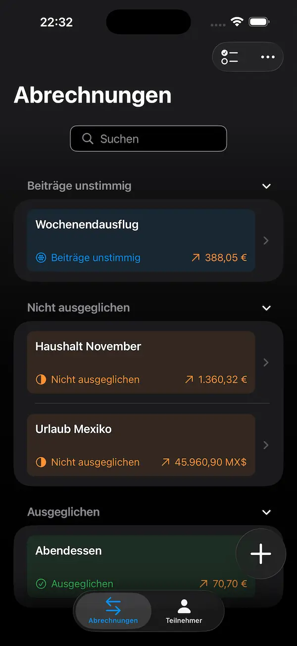 FairTeilen Abrechnungsliste