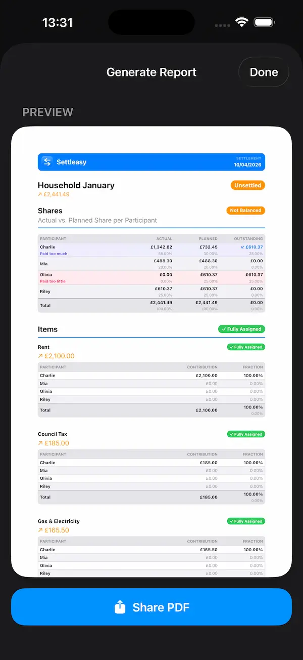 Settleasy PDF Report